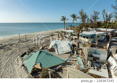 Hurricane Milton consequences on Manasota Key, Florida. Destroyed houses on sea coast. Storm surge severe damage Hurricane Milton consequences on Manasota Key, Florida. Destroyed houses on sea coast. Storm surge severe damage 126367245
