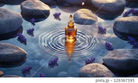 Serene aromatherapy scene with amber glass bottle amidst calming stones and lavender blossoms in tranquil water ripples at sunset. Spa accessory composition set in spa hotel 126367395