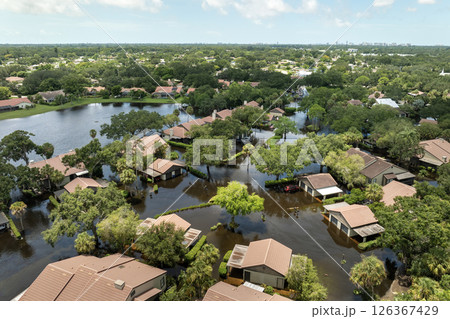 Hurricane Debby tropical rainstorm flooded residential homes in suburban community in Sarasota, Florida. Aftermath of natural disaster Hurricane Debby tropical rainstorm flooded residential homes in suburban community in Sarasota, Florida. Aftermath of natural disaster 126367429
