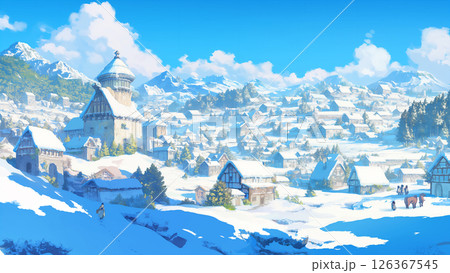 冬の欧州の田舎街の風景、アニメ風 冬の欧州の田舎街の風景、アニメ風 126367545