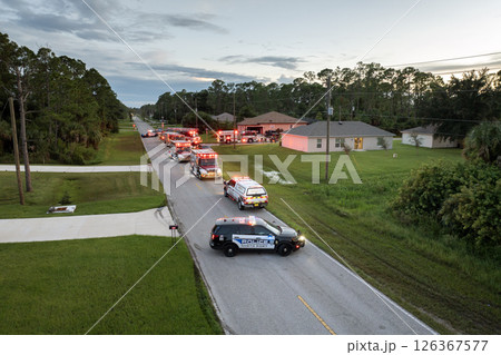 First responders investigating carbon monoxide gas hazard at residential home in Florida, USA First responders investigating carbon monoxide gas hazard at residential home in Florida, USA 126367577