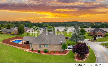 Expensive mansions in Tennessee suburbs, USA. Aerial view of wealthy residential neighborhood Expensive mansions in Tennessee suburbs, USA. Aerial view of wealthy residential neighborhood 126367589