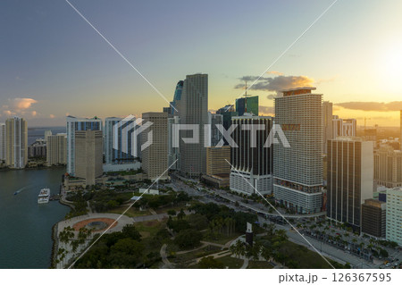 Evening urban landscape of downtown district of Miami Brickell in Florida, USA. Skyline with dark high skyscraper buildings in modern American megapolis 126367595