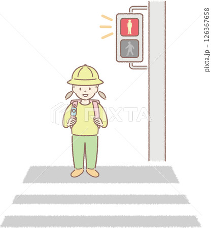横断歩道で赤信号を待つ子どものイラスト（女子） 126367658