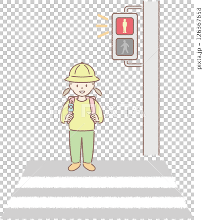 横断歩道で赤信号を待つ子どものイラスト（女子） 126367658