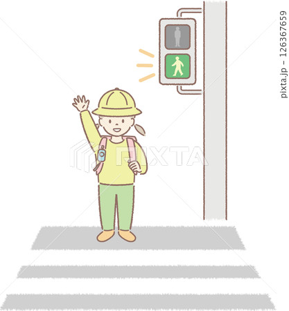 横断歩道で青信号を渡ろうとする子どものイラスト(女子) 横断歩道で青信号を渡ろうとする子どものイラスト(女子) 126367659