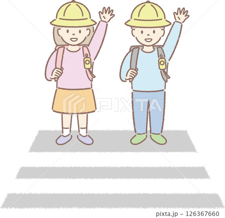 横断歩道で左右確認する子どものイラスト(女子、男子) 横断歩道で左右確認する子どものイラスト(女子、男子) 126367660