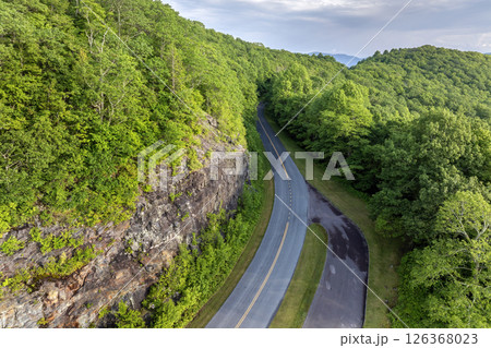 Car road trip on Blue Ridge Parkway in North Carolina Appalachian mountains. Observation overlook in summer season. Summertime landscape of beautiful nature 126368023