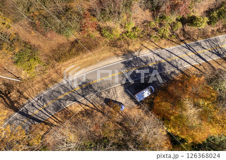 Car road trip on Blue Ridge Parkway in North Carolina Appalachian mountains in fall season. Autumnal landscape of beautiful nature 126368024