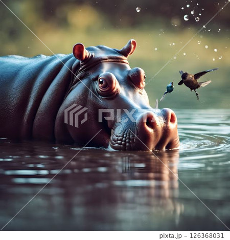 Unlikely Friends: Hippo and Bird by the Water 126368031