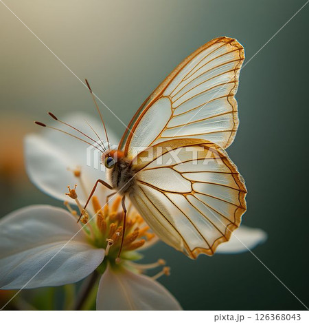 Delicate Glasswing Butterfly with Crystal Wings 126368043