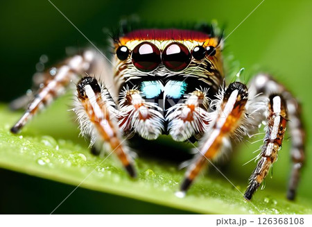 Close-Up of a Jumping Spider with Reflective Eyes and Dew Drops 126368108