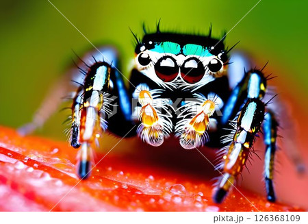 Morning Dew on a Jumping Spider: A Macro Photography of Its Glossy Eyes 126368109