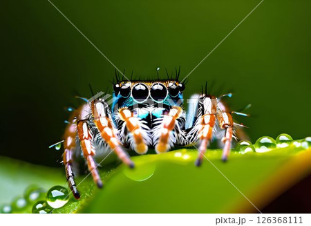 Jumping Spider Covered in Dew with Glossy Eyes and Fuzzy Body 126368111