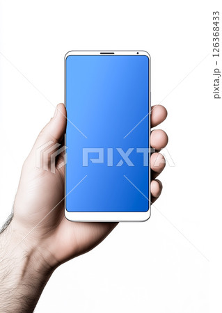 A hand holding a phone with a blue screen 126368433
