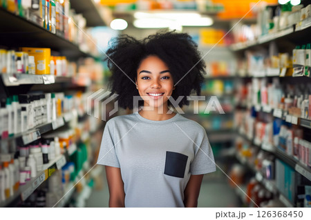 A woman with curly hair stands in a store aisle, smiling for the camera 126368450