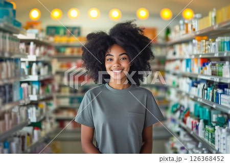 A woman with curly hair stands in a store aisle, smiling at the camera 126368452