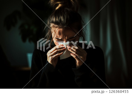 A woman is wiping her nose with a tissue 126368455