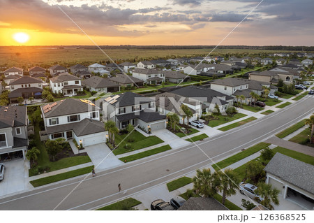 American gated community houses in rural US suburbs. View from above of large residential homes in small town in southwest Florida American gated community houses in rural US suburbs. View from above of large residential homes in small town in southwest Florida 126368525