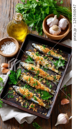 Baked sardines with garlic and parsley on rustic tray with olive oil. Baked sardines with garlic and parsley on rustic tray with olive oil. 126368647
