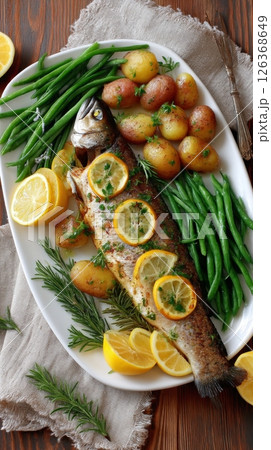 Grilled trout with lemon, potatoes, and green beans on rustic wood table. Grilled trout with lemon, potatoes, and green beans on rustic wood table. 126368649
