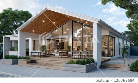 Contemporary open-concept home exterior with wooden deck and modern design. 126368684