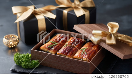 Luxurious presentation of glazed eel in an elegant gift box. Luxurious presentation of glazed eel in an elegant gift box. 126368766