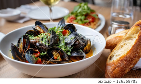 Delicious mussels in tomato sauce with fresh bread and wine on a wooden table. 126368785