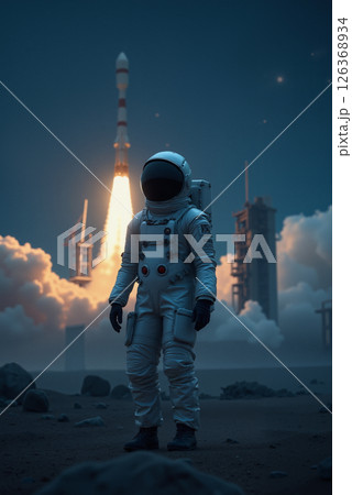an astronaut is on alien planet, red desert landscape and rocks, the sky with planets and stars, future space exploration concept 126368934