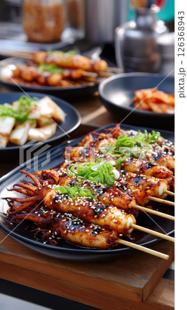 Grilled squid skewers with sesame and green onions on black plates. 126368943