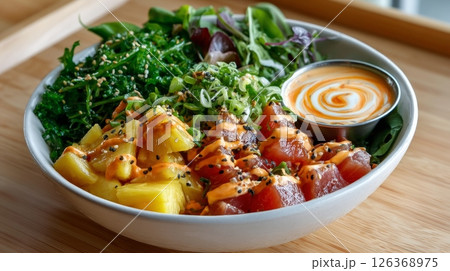 Colorful hawaiian poke bowl with tuna pineapple salad and spicy dressing. 126368975