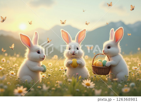 Three cute white rabbits holding Easter eggs in their paws and sitting on a Spring Meadow full of flowers, beautiful Spring landscape with mountains and sky 126368981