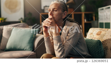 Senior woman, thinking and doubt with memory on sofa for dream or ambition at old age home. Elderly, female person or retired pensioner with wonder or thought on chair for nostalgia or past at house Senior woman, thinking and doubt with memory on sofa for dream or ambition at old age home. Elderly, female person or retired pensioner with wonder or thought on chair for nostalgia or past at house 126369051