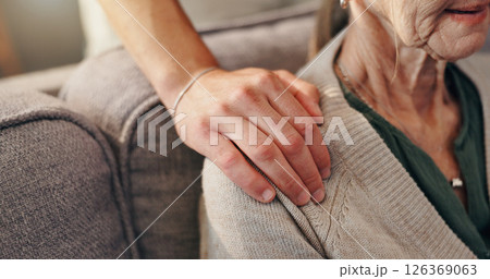 Empathy, senior person and hands on sofa with retirement support, volunteer service and compassion. Closeup, elderly patient and caregiver in assisted living with kindness, sympathy and understanding Empathy, senior person and hands on sofa with retirement support, volunteer service and compassion. Closeup, elderly patient and caregiver in assisted living with kindness, sympathy and understanding 126369063