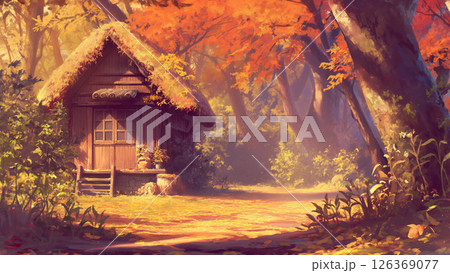秋の森の山小屋の風景、アニメ風 126369077