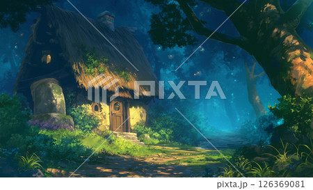 鬱蒼とした森の小屋の風景、アニメ風 126369081