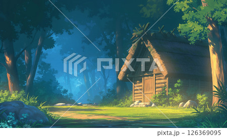 日差しがある森の山小屋の風景、アニメ風 126369095