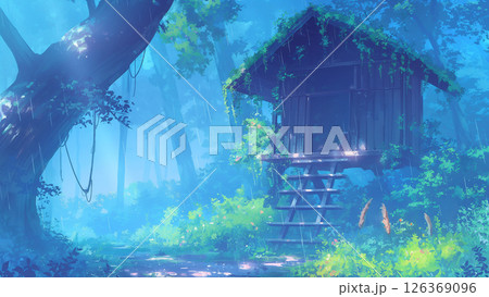雨が降っている森の山小屋の風景、アニメ風 126369096