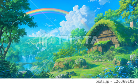 虹がかかっている瀑布の森にある小屋の風景、アニメ風 虹がかかっている瀑布の森にある小屋の風景、アニメ風 126369102