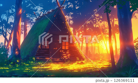 夕日に照らされた森の小屋の風景、アニメ風 126369111