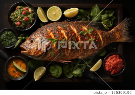 fish with vegetables and herbs cooked on fire, barbecue, served on a plate with greens, delicious food 126369196