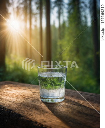 a glass filled with clean drinking water against a beautiful landscape, nature with a forest 126369219
