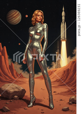 girl in silver astronaut suit is on alien planet, red landscape and rocks, view of space with planets and stars, fantasy art illustration 126369231