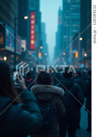 smartphone in hands, woman using smartphone on busy city street of metropolis 126369232