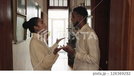 Argument, disagreement or dispute with man and woman in home for conflict or fight resolution. Anger, drama or frustration with boyfriend and girlfriend in apartment for blame, discussion or mistake Argument, disagreement or dispute with man and woman in home for conflict or fight resolution. Anger, drama or frustration with boyfriend and girlfriend in apartment for blame, discussion or mistake 126369282