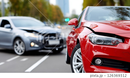 Two-car accident on urban street with red and gray vehicles. 126369312