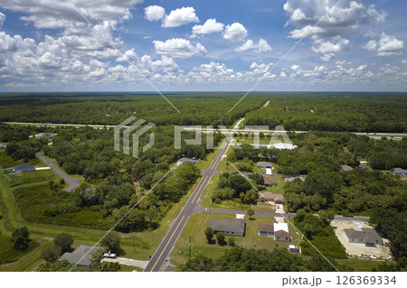 Aerial view of street traffic with driving cars in small town. American suburban landscape with private homes between green palm trees in Florida quiet residential area 126369334