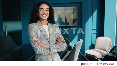Portrait, finance and business woman with arms crossed for investment opportunity, pride and actuary with smile. Confident worker, corporate professional and happy employee in office as risk analyst Portrait, finance and business woman with arms crossed for investment opportunity, pride and actuary with smile. Confident worker, corporate professional and happy employee in office as risk analyst 126369338