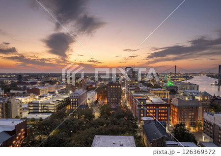 Aerial view of Savannah, Georgia. American city old historical architecture. USA panoramic cityscape at night Aerial view of Savannah, Georgia. American city old historical architecture. USA panoramic cityscape at night 126369372