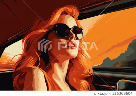 Portrait of a beautiful fashionable woman with a hairstyle and sunglasses, in a car. Bright sunset sky, orange color. Illustration poster in the style of 1960 126369604